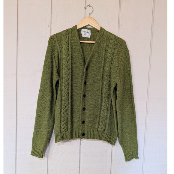 Vintage Green Cable Knit Wool Cardigan Sweater USA Letterman Cobain Mens M